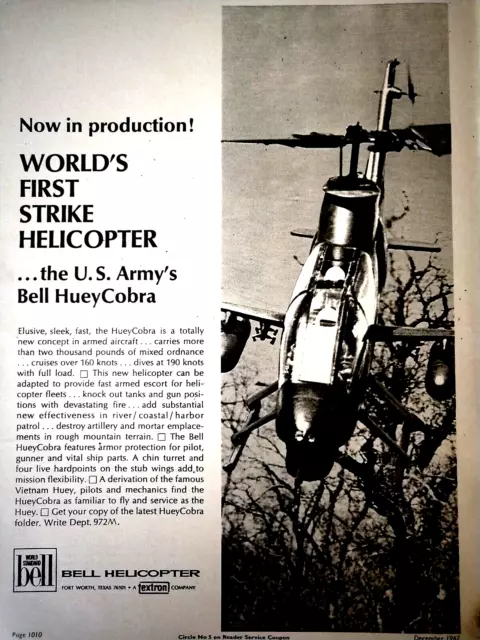 1967 Original Print Advert Ad : Bell Us Army Military Hueycobra Helicopter