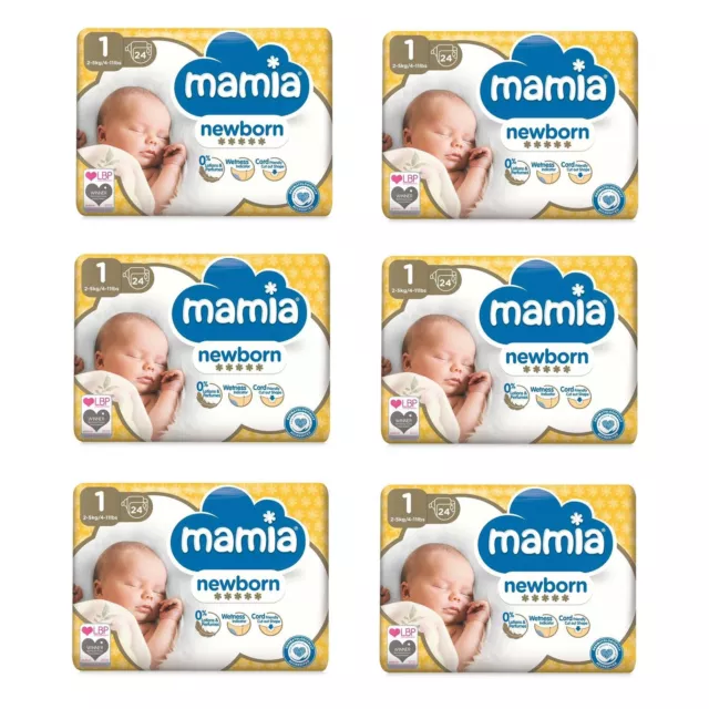 6x Mamia Size 1 Nappies NewBorn 24 Pack