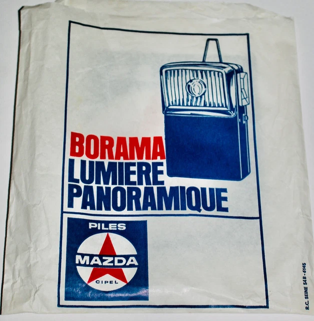 VINTAGE FRENCH ADVERTISING - PAPER BAG Borama Lumier Panoramique MAZDA BIKE LAMP
