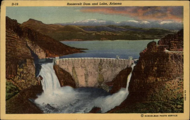 Roosevelt Dam Arizona ~ Lake ~ aerial view ~ vintage linen postcard sku581