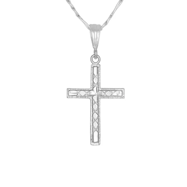 Sterling Silver Cross Pendant Necklace Diamond Cut Finish with Figaro Chain