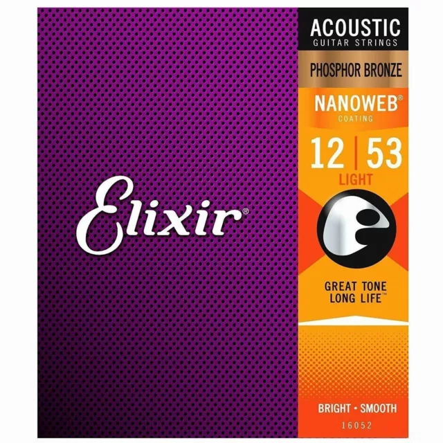 Elixir 16052 11052 Nanoweb Acoustic Guitar Strings Light 12-53 Phosphor Bronze
