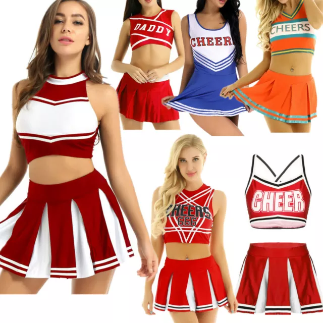 Women's Cheerleader Uniform School Girl Fancy Dress Costume Outfit Cosplay Skirt