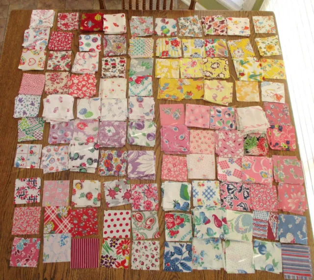 100 ALL DIFFERENT 3 1/2" Vintage " Feedsack Pieces Quilt Fabric Charms Flour