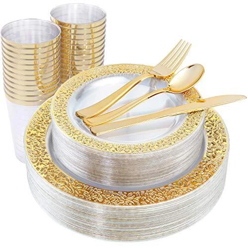 I00000 150pcs Gold Plastic Plates Disposable Silverware Gold Cups Lace Design Cl
