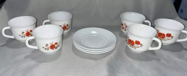 Arcopal France Poppy Floral PYREX Set Of  6 Cups Vintage