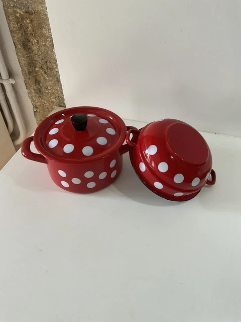 Ancien Faitout/casserole Lustucru En émail - Rouge Et Damier Blanc, état D'occasion