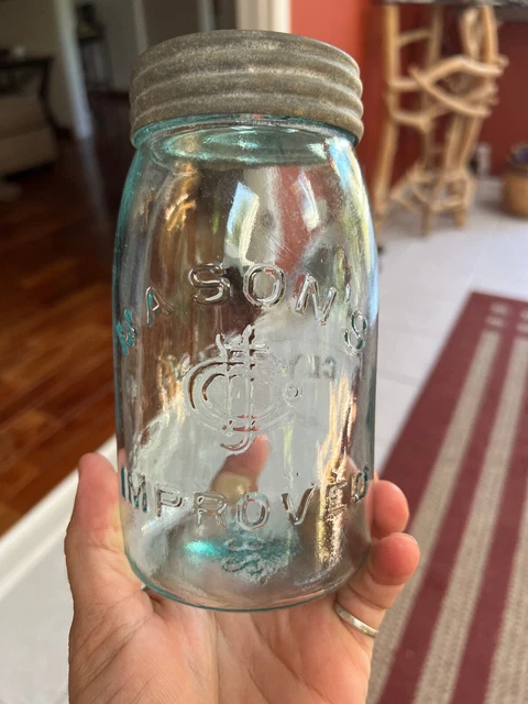19th c. Aqua Mason's CFJ Co. Improved Clyde, N. Y. Quart Fruit Jar with Lid