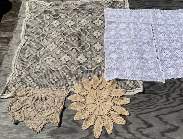 Lot of 5 Vintage Hand Crochet Doilies Beige & White Cottage Larger Dresser Doily