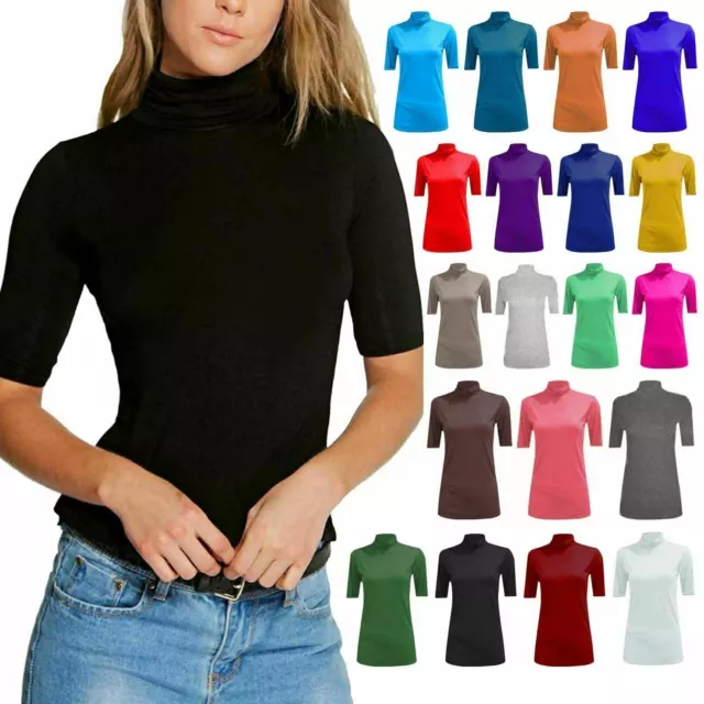 Ladies Turtle Polo Neck Plus Size Top Womens Short Sleeve High Neck T-Shirt 8-26