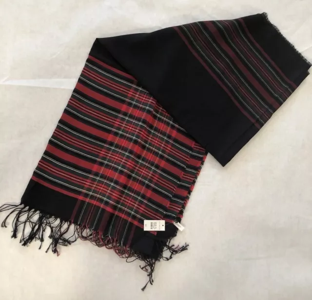 Talbots Wool Blend Wrap Scarf Black Plaid Wool Blend Fringe 75” X 20” NWT