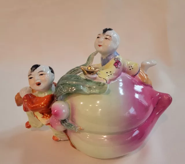 Vintage LARGE Chinese Porcelain Figural 2 Boys w Longevity Peach 11”