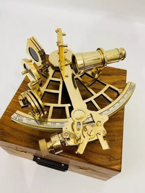 Vintage Nautical Maritime Working Brass Sextant With Wooden Box Style Handmade