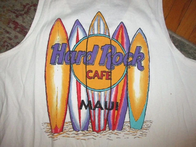 Vintage 90s Hard Rock Cafe Maui Canotta Top T Shirt Classico Logo Tavole da Surf