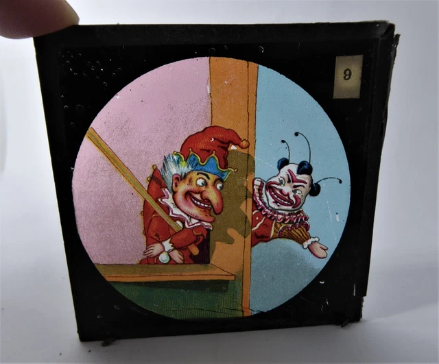 Antike viktorianische farbige magische Laterne Schiebetanzer mit Clown 1880