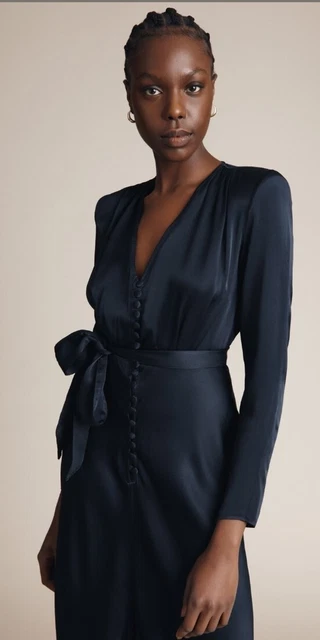 GHOST LONDON Meryl Satin Button Navy Dress Bnwt Size Medium