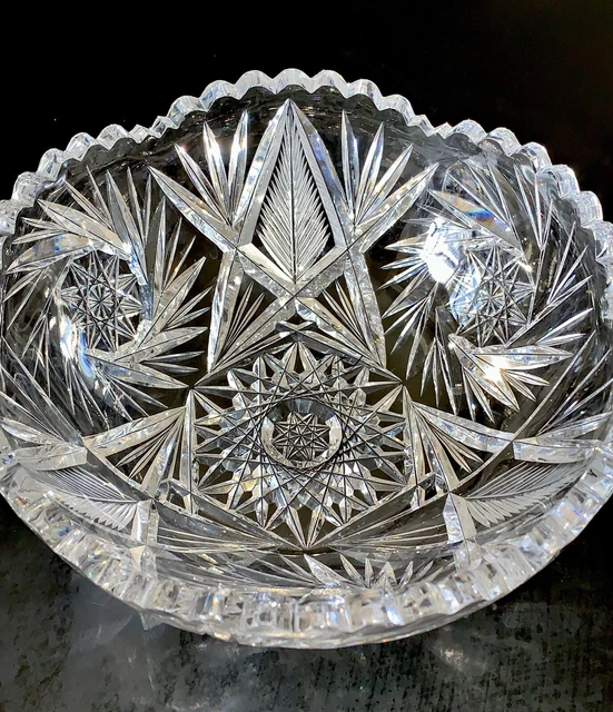 ABP American Brilliant Period Pinwheel Hobstar Cut Glass Bowl Sawtooth 8"