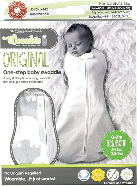 Woombie Original Baby Swaddling Blanket - Cotton - Gray Elephant, 5-13 lbs