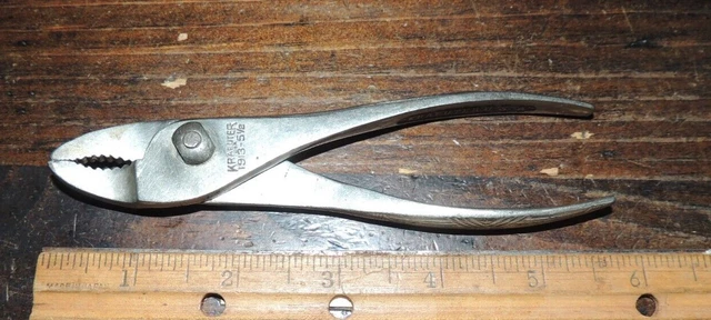 VTG. No. 1913- 5-1/2" Kraeuter Bent Thin Nose SLIP-JOINT PLIERS, DON'T SLIP GRIP