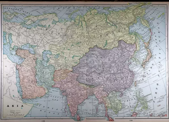 Old Antique 1902 Large Cram's Atlas Map ~ ASIA ~ Free S&H
