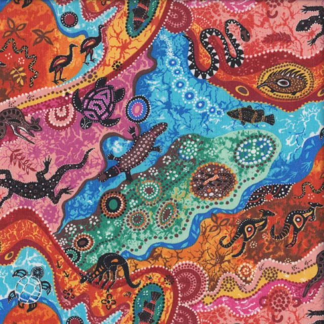 NEW Australian Aboriginal Dilkara Turtle Goanna Kangaroo Quilting Fabric 1/2 Met