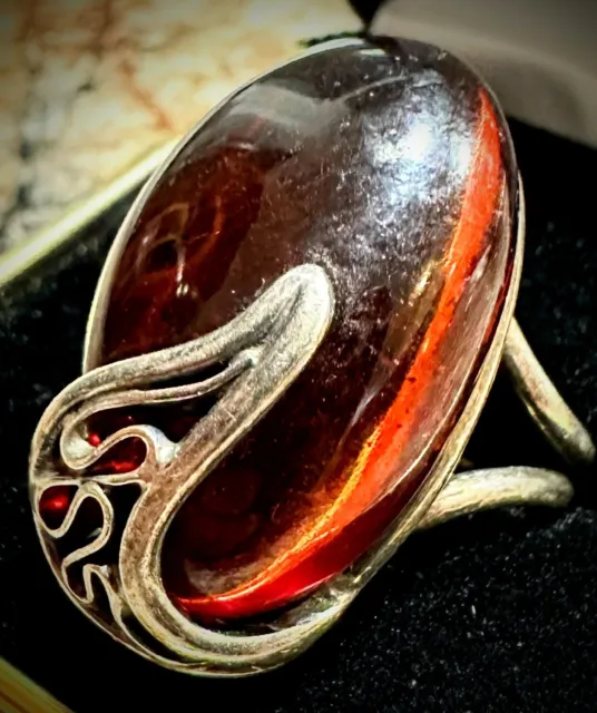 Sterling Silver Large Amber Ring Size - 9 Grams *