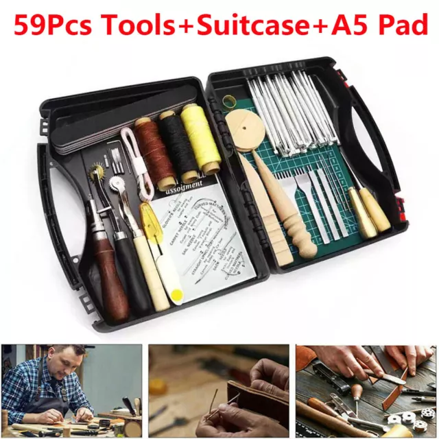 59 Pcs DIY Leather Craft Hand Tools Kit Stitching Sewing Stamping Carve Work Set