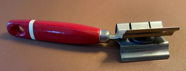 VTG Ekco Double Draw Thru Knife Sharpener Red White Stripe Wood Handle Works