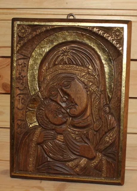 Religious hand carving wood wall hangin plaque icon Virgin Mary Jesus Christ