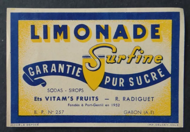 Étiquette LIMONADE SURFINE soda Radiguet Gabon Port-Gentil label