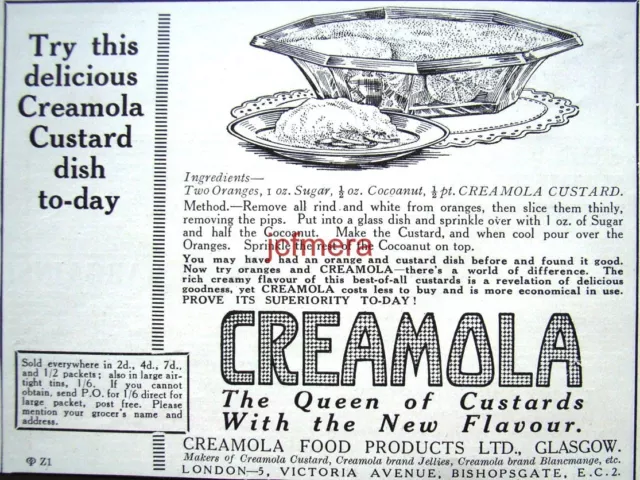Small 1920 'CREAMOLA' Custard Food AD - Original Print Advert