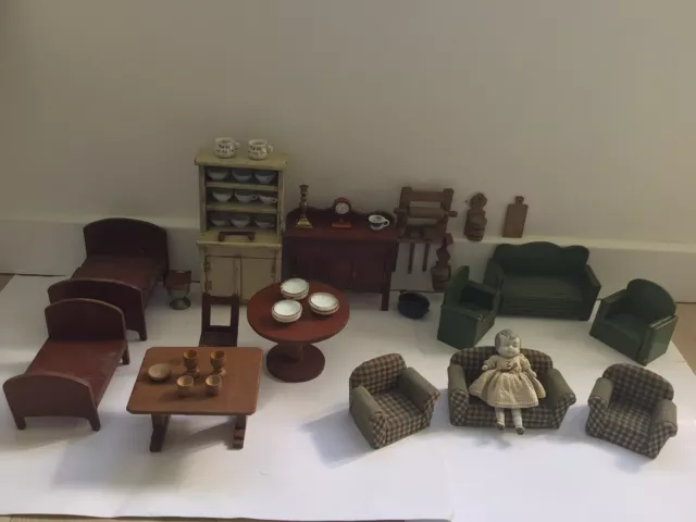 Collection Of Old Vintage Handmade Wooden Dolls Furniture & Bisque Doll