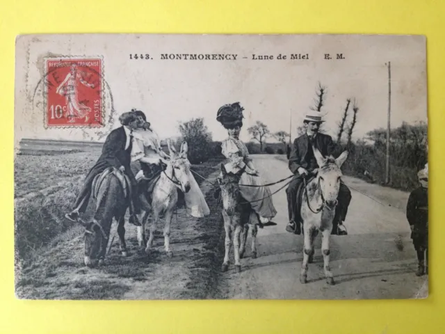 cpa 1914 MONTMORENCY Val d'Oise HONEYMOON Promenade à d'Anes