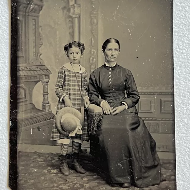 Antique Tintype Photograph Lovely Mother & Daughter Family Girl & Woman