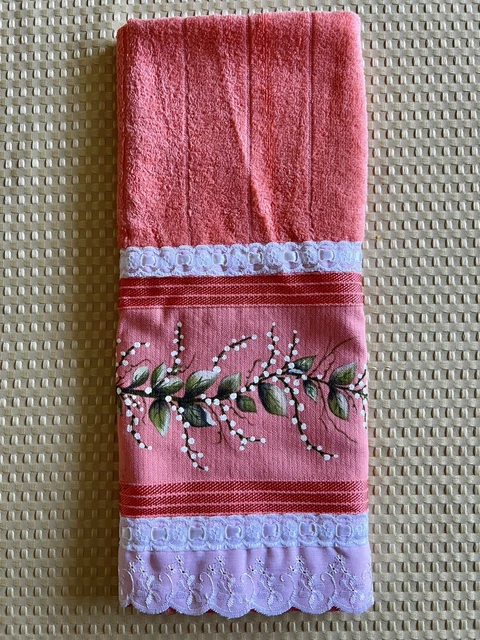 Hand Painted Salmon Pink-Orange White Floral Lace Accent Cotton Small Bath Towel