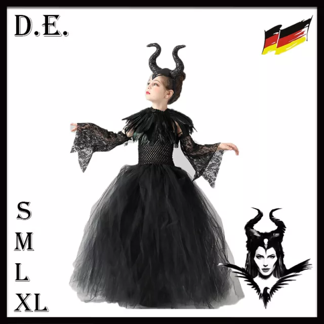 5 Stück Halloween Set Mädchen Maleficent Cosplay Kostüm Kleider Hexe Kleid Set