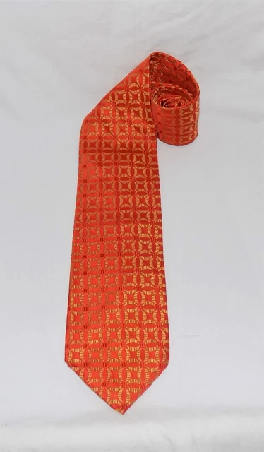 David Donahue 100% Silk Necktie Geometric Pattern Orange/Beige 4" x 59" NEW