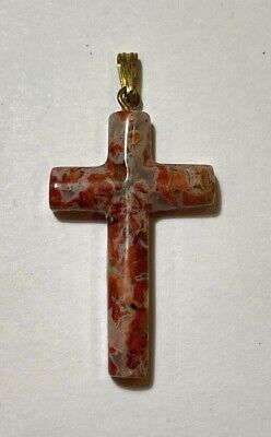 Vintage Carved Red Poppy Jasper Stone Cross Christian Gold tone Pendant
