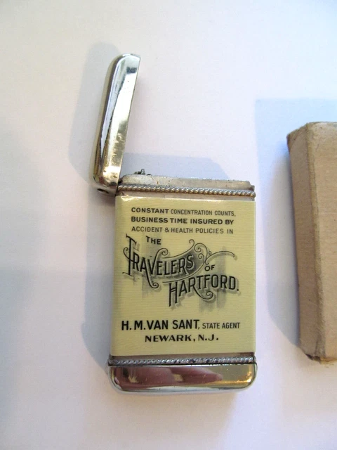 Whitehead & Hoag Travelers Hartford Advertising Match Safe Chrome Celluloid Whitehead & Hoag Travelers Hartford Advertising Match Safe Chrome Celluloid
