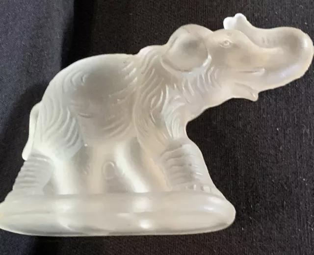 Vintage Frosted Satin Glass Elephant Trunk Up Figurine 3 1/2" Tall