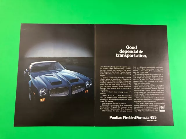 1972 Pontiac Firebird Formula 455 Vintage Original Print Ad Advertisement 2 Page