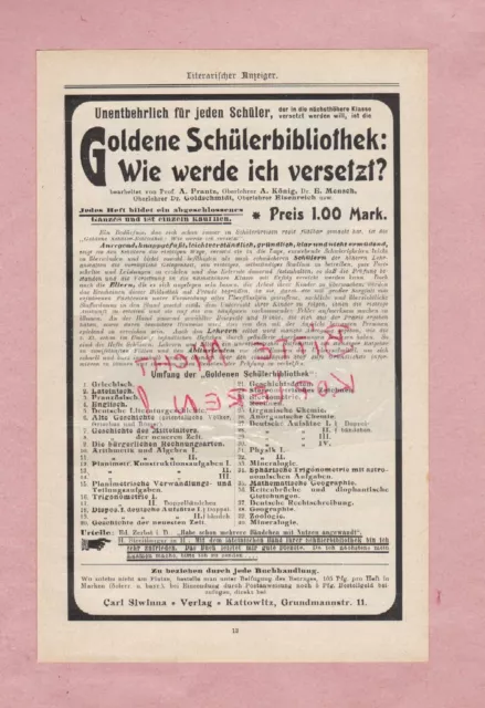 KATTOWITZ KATOWICE , Werbung 1907, Carl Siwinna Verlag Goldene Schülerbibliothek