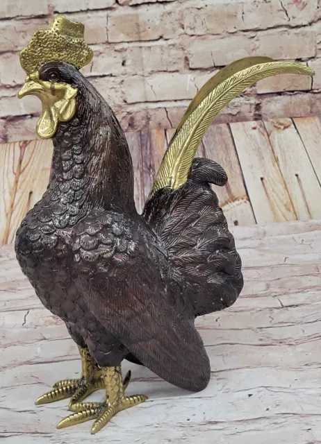 Solid 100% Bronze Sculpture Signed Exquisite Rooster Farm Statues Figure Gift