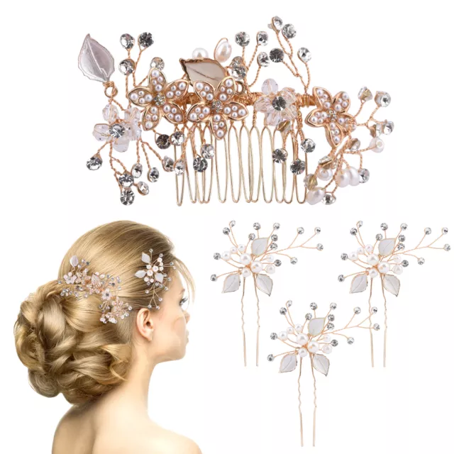 4pcs/set Crystal Pearl U-shape For Women Girls Flower Elegant Bridal Hair Comb