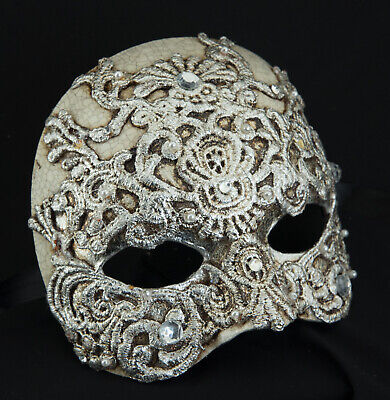 Mask from Venice 1/2 Face Volto Mixed Paper Mache Macrame Silver 1661 3