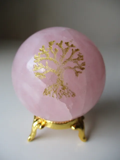 Rose Quartz 260g 57mm Tree Of Life Crystal Ball on Gold Metal Stand BRQT02