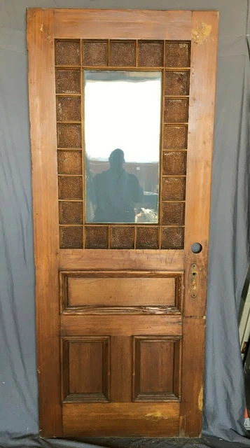 1 Antique Exterior Stained Amber Textured Glass 34x83 Entryway Door VTG 456 -21B