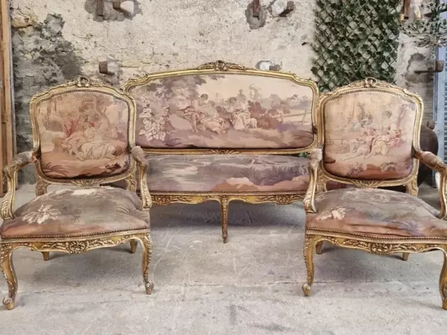 Antique French Aubusson Salon Set 18th Century Louis XV Giltwood Sofa and Chairs