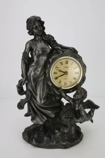 Vintage Cold Cast Resin Art Nouveau Mantel Quartz Clock, Woman & Cherub, A++++