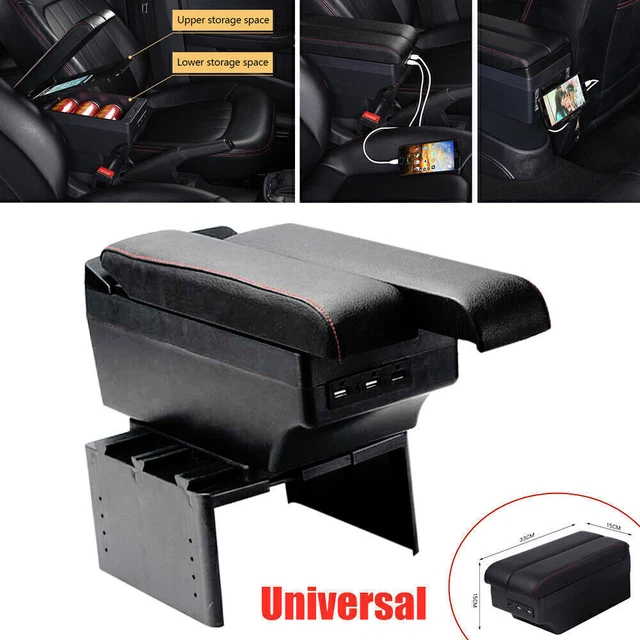 Black Car SUV 7 USB Port Telescopic Panel Dual Layer Storage Central Armrest Box